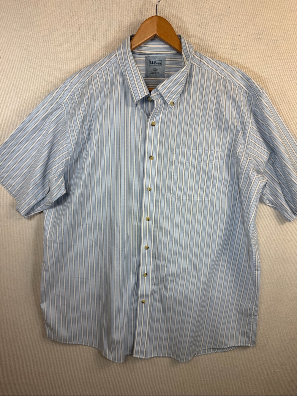 L.L.Bean Men’s XXL Tall 2XLT Blue White Stripe Cotton Short Sleeve Button Down